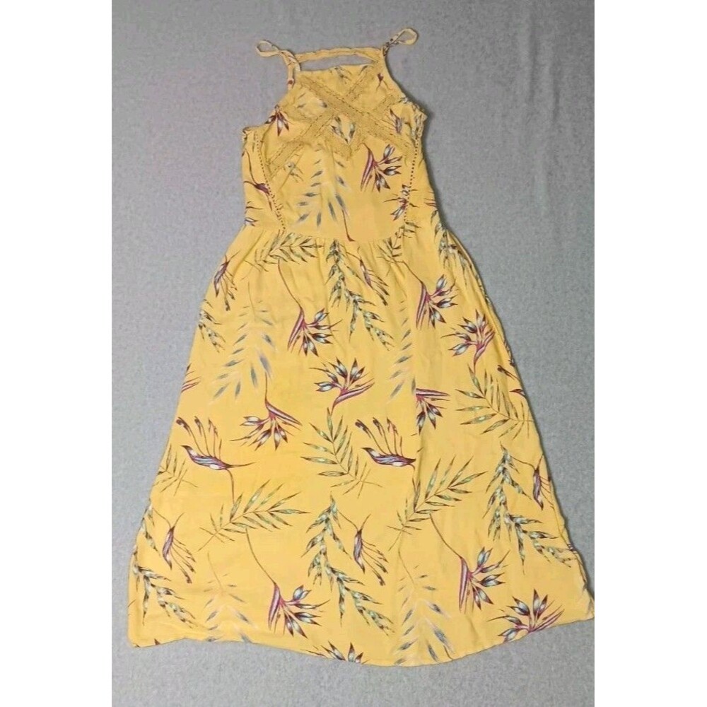 Roxy Summer Navajo Lace Trim Midi Dress Womens Size XS Yellow Floral Flowy Boho